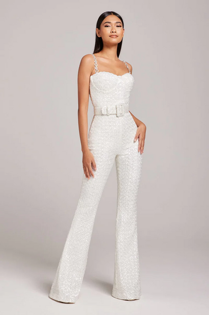 Luminous White Sequin Bustier Flared Jumpsuit