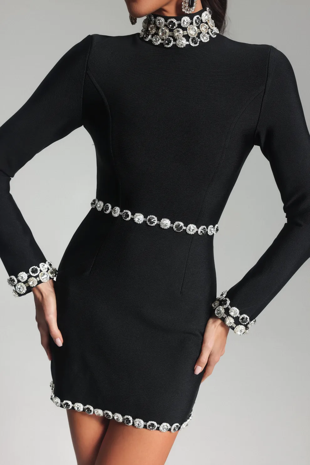 Midnight Crystal Trim Long Sleeve Mini Dress
