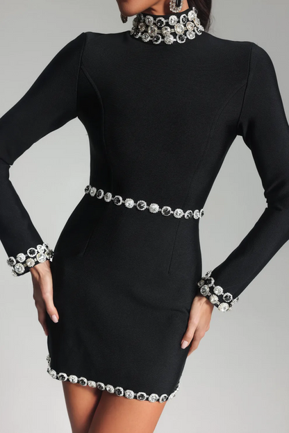Midnight Crystal Trim Long Sleeve Mini Dress