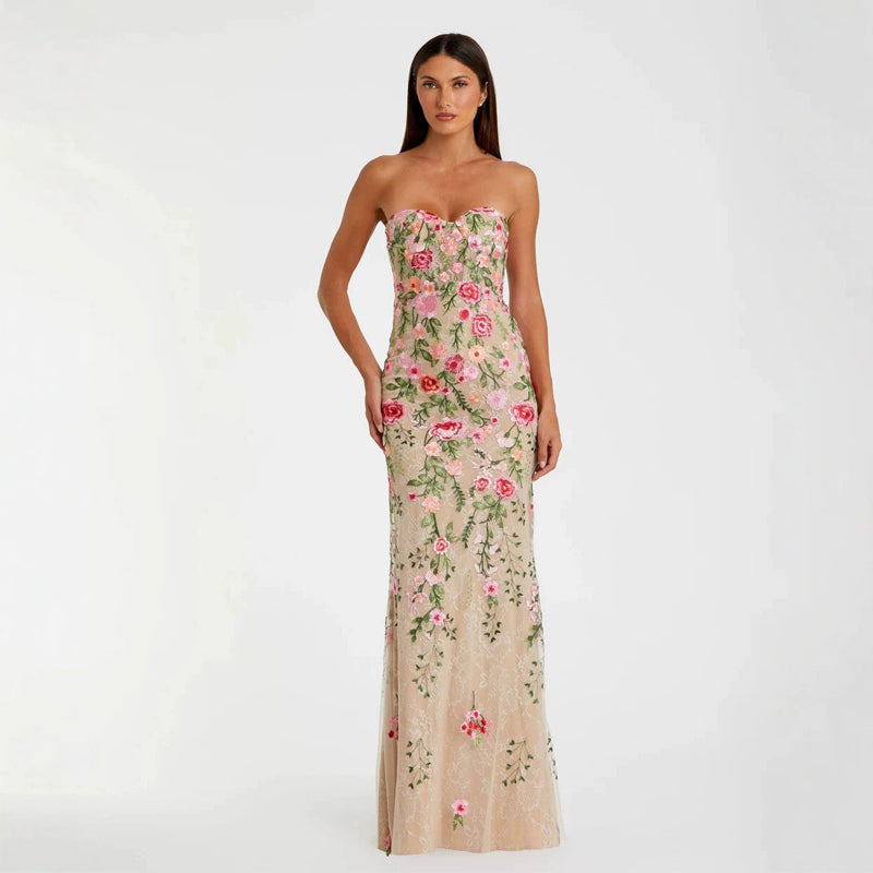 Strapless Sweetheart Floral Embroidered Nude Evening Gown