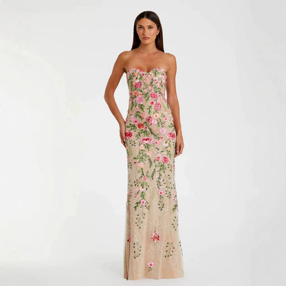 Strapless Sweetheart Floral Embroidered Nude Evening Gown