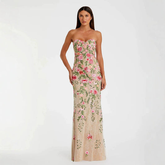 Strapless Sweetheart Floral Embroidered Nude Evening Gown