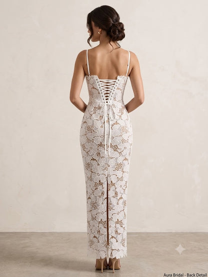White Sheer Floral Lace Bustier Maxi Dress