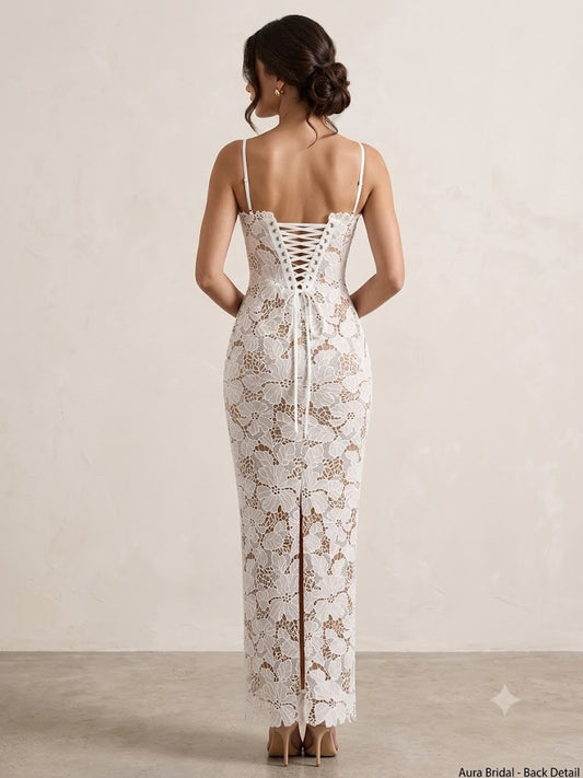 White Sheer Floral Lace Bustier Maxi Dress