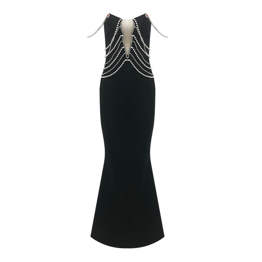 Elegant Black Strapless Evening Gown with Pearl Embellishments