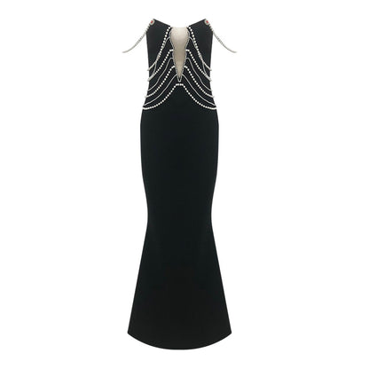 Elegant Black Strapless Evening Gown with Pearl Embellishments