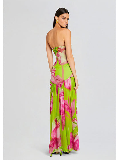 Vibrant Lime Green and Pink Floral Strapless Maxi Dress
