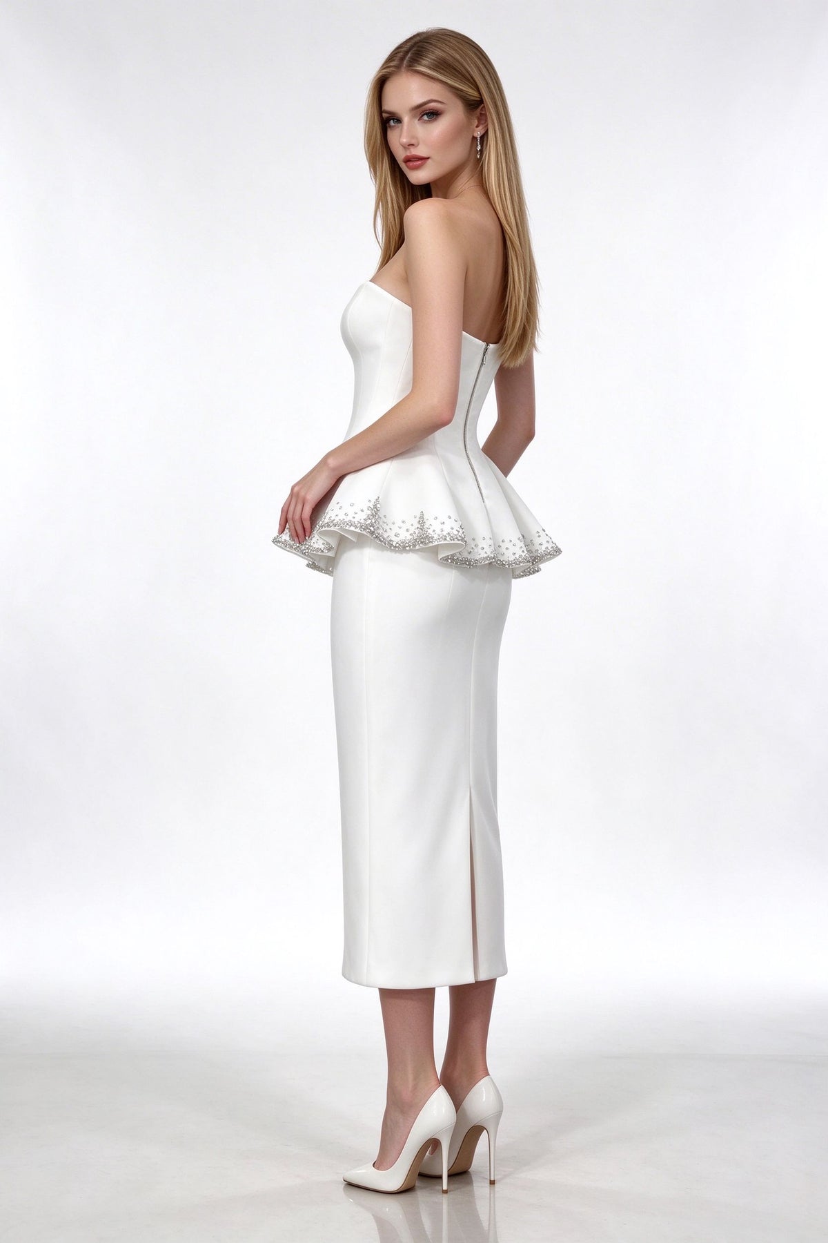 Ivory Rhinestone Trim Peplum Cocktail Dress