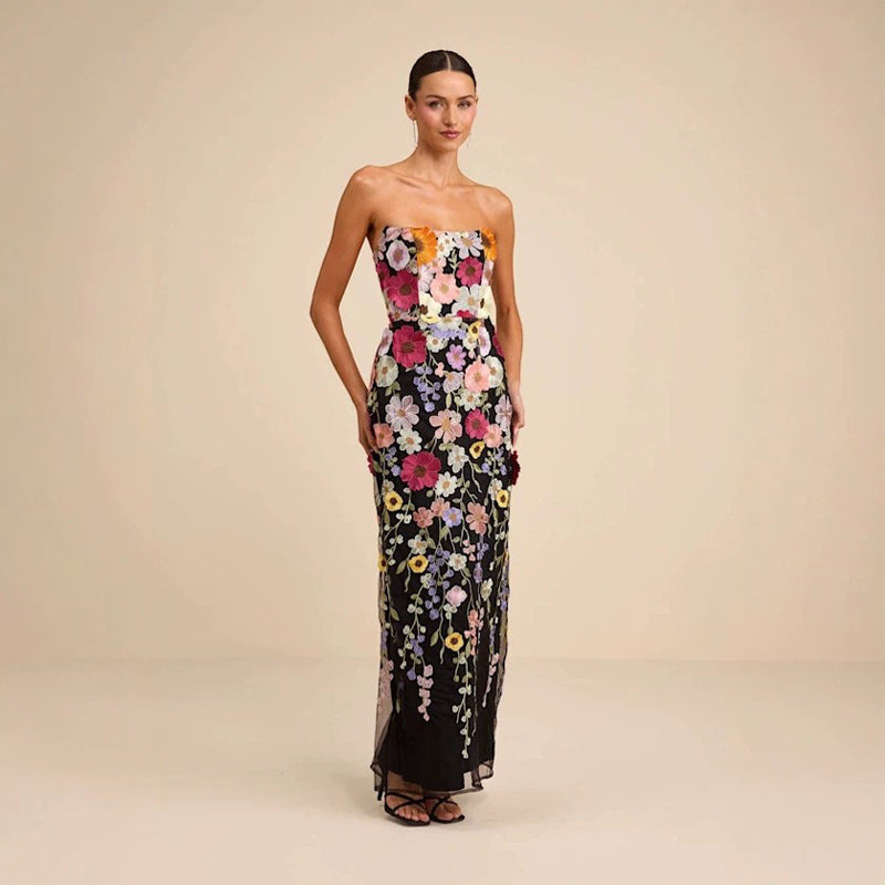 Enchanting Floral Embroidered Strapless Column Gown