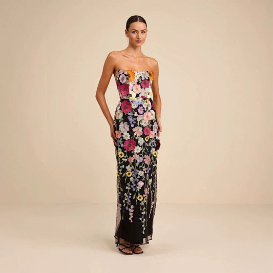 Enchanting Floral Embroidered Strapless Column Gown