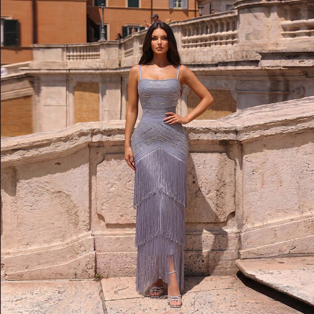 Crystal-Embellished Tiered Fringe Gown - Lavender Grey