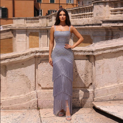 Crystal-Embellished Tiered Fringe Gown - Lavender Grey