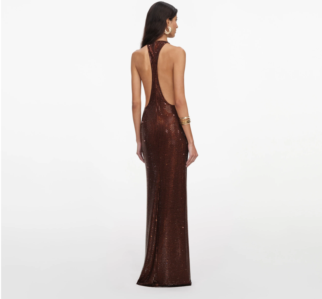 Metallic Bronze Cowl Neck Column Gown