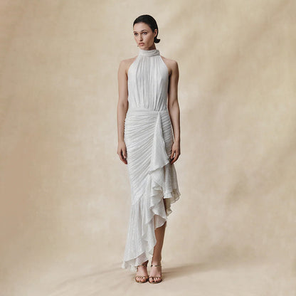 Metallic Plissé Asymmetrical Ruffle Gown - Shimmering Ivory