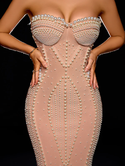 Pearl-Encrusted Strapless Mermaid Midi Dress - Black
