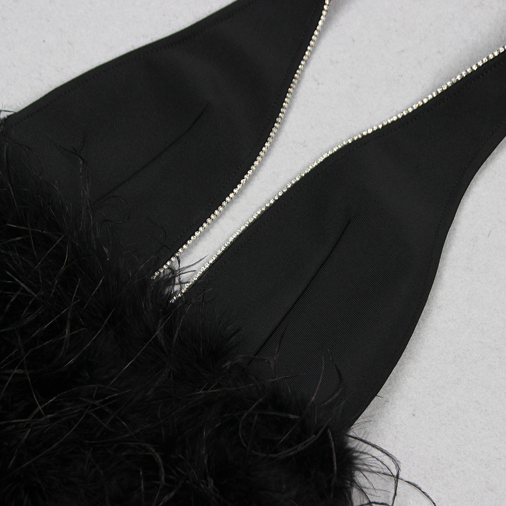 Midnight Plunge Halter Feather Mini Dress
