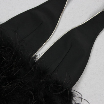 Midnight Plunge Halter Feather Mini Dress