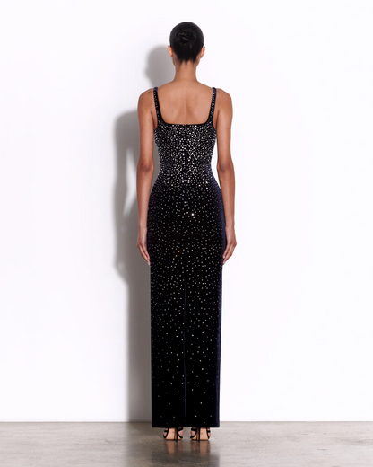 Midnight Stardust Crystal Embellished Velvet Gown