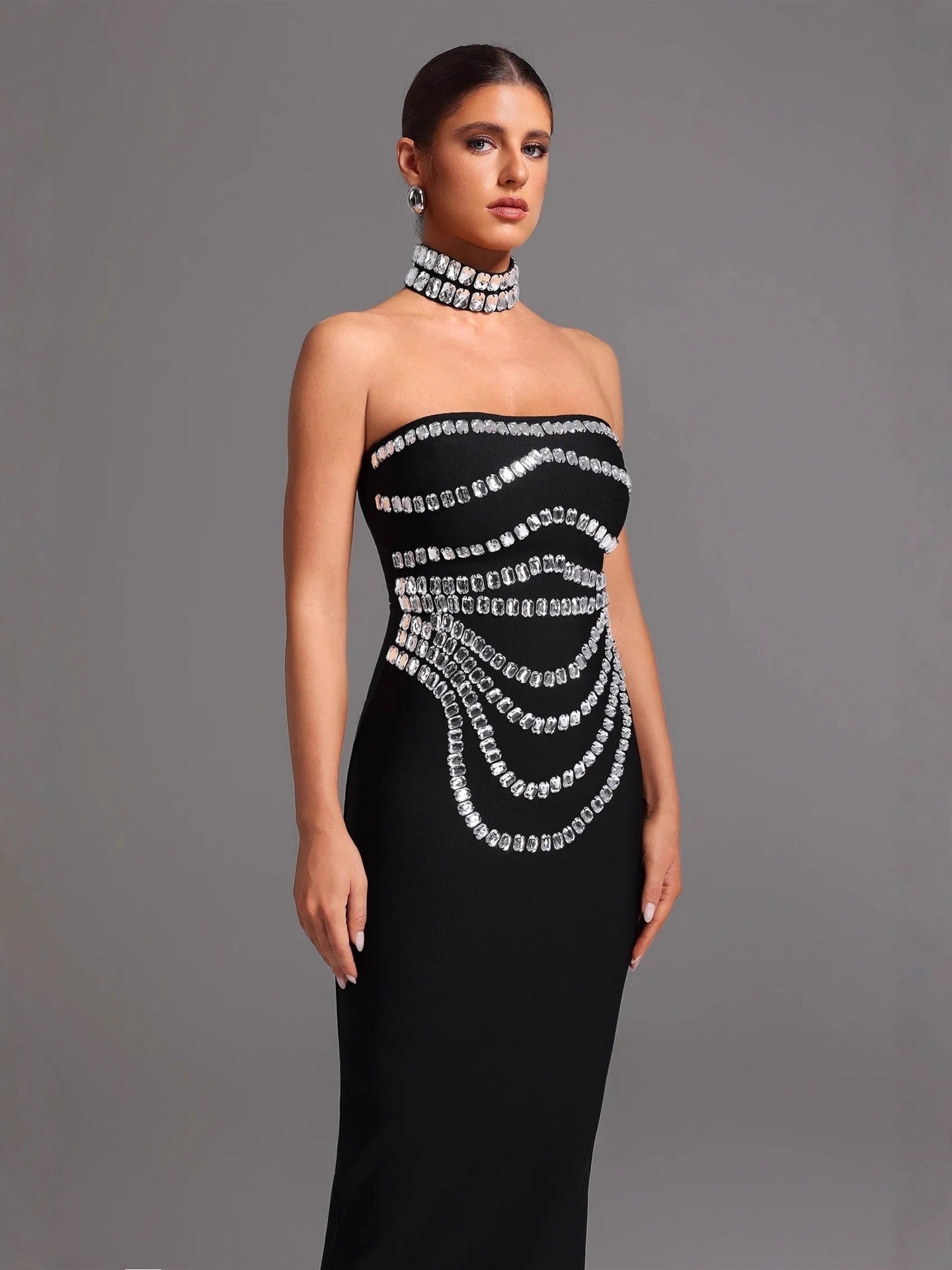 Sophisticated Crystal-Embellished Strapless Column Gown
