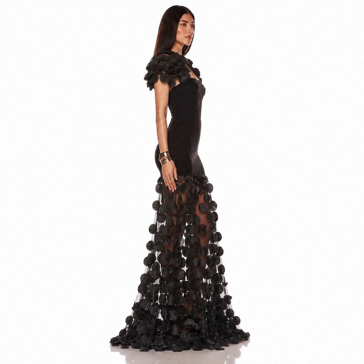 Sculptural 3D Petal Illusion Gown - Onyx Black