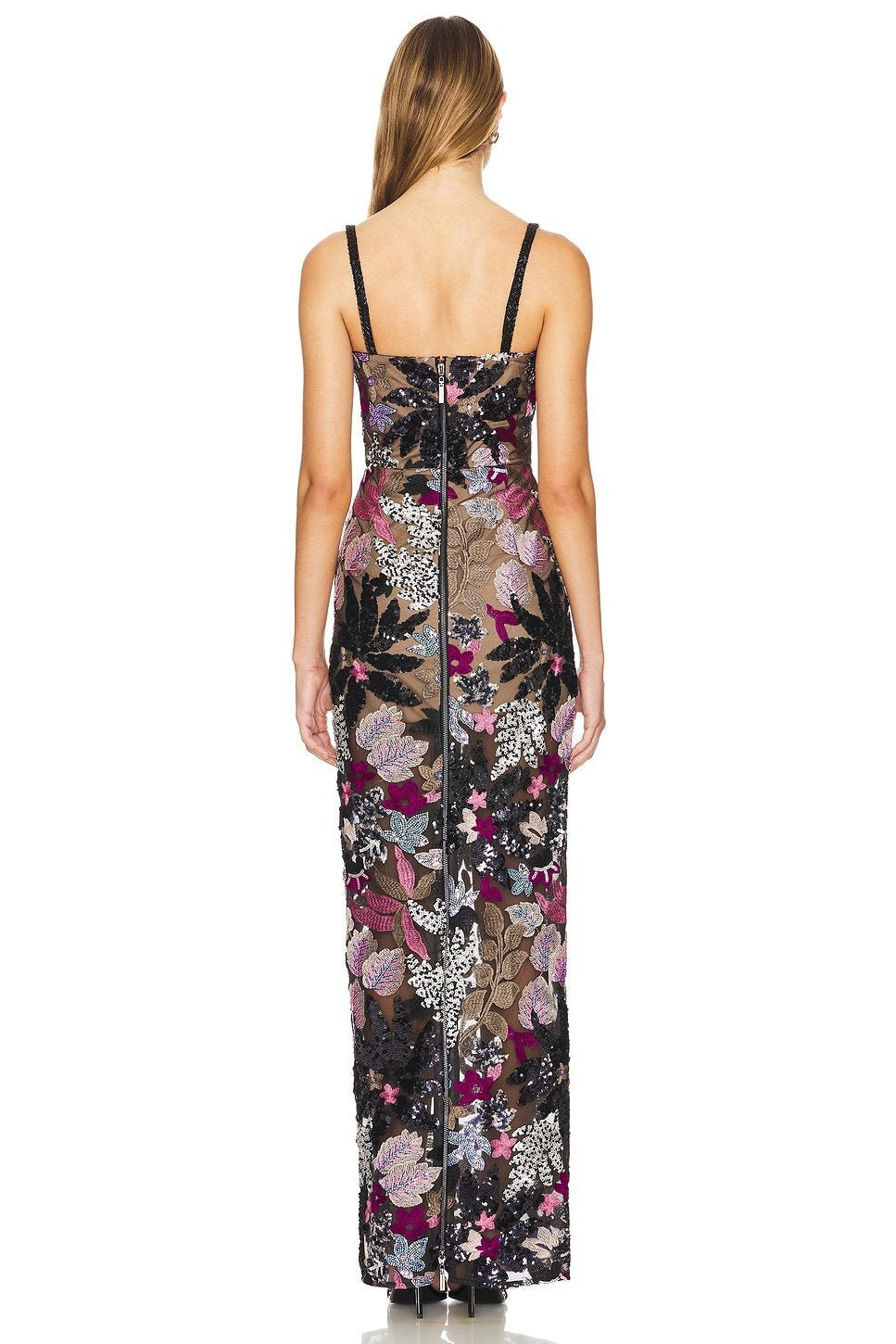 Botanical Embroidered Mesh Column Gown with Delicate Camisole Straps
