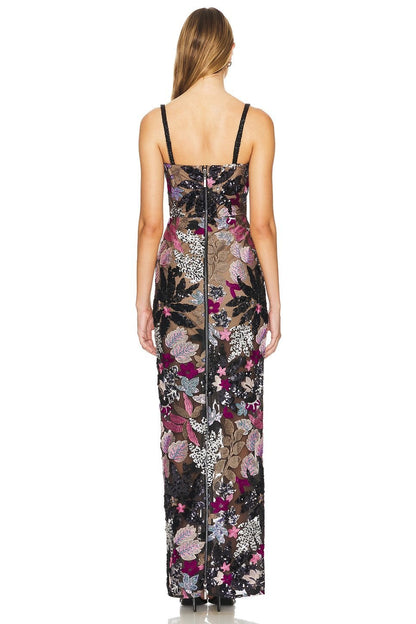 Botanical Embroidered Mesh Column Gown with Delicate Camisole Straps
