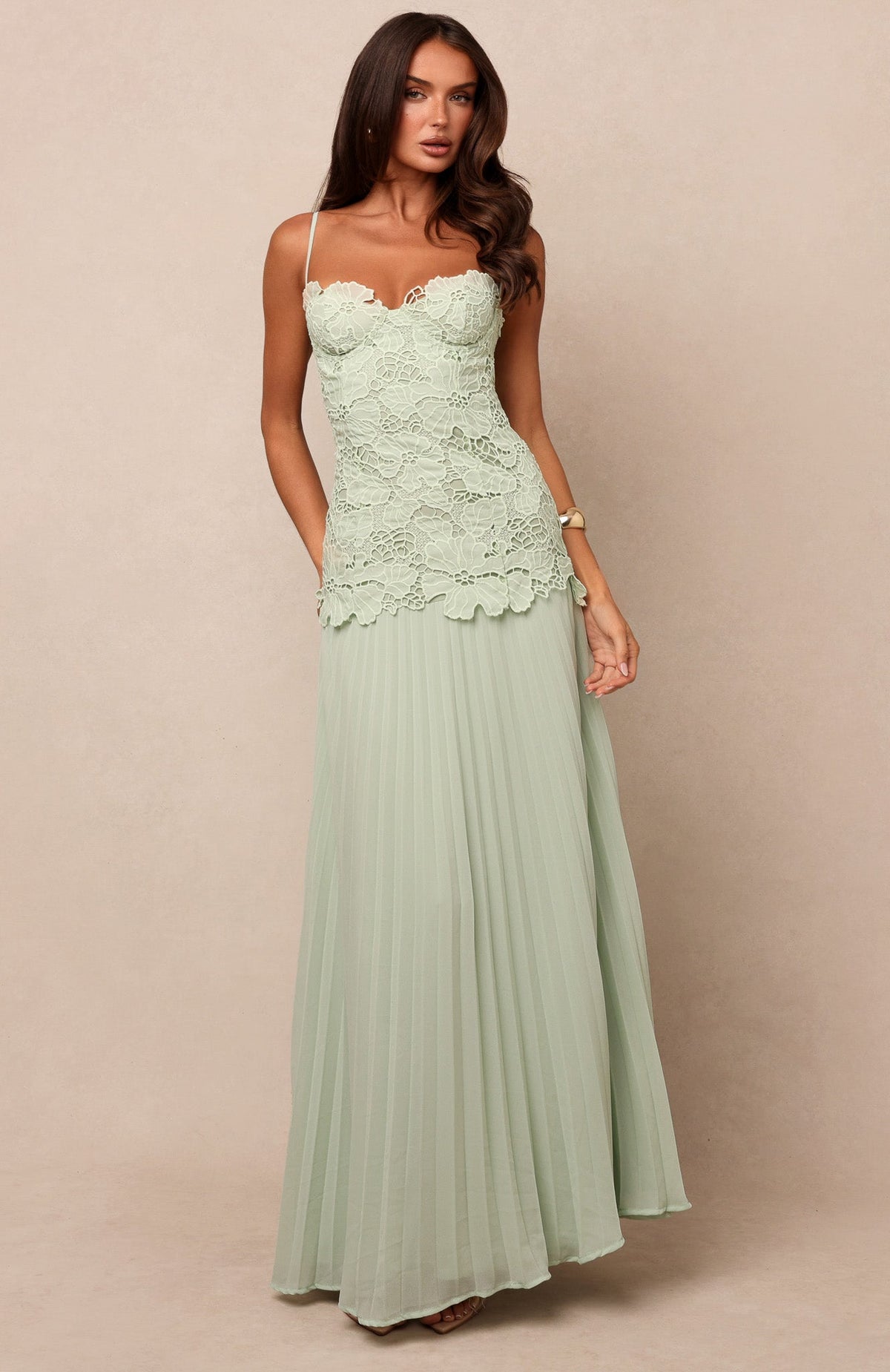 Floral Lace Corseted Pleated Gown - Soft Sage Green