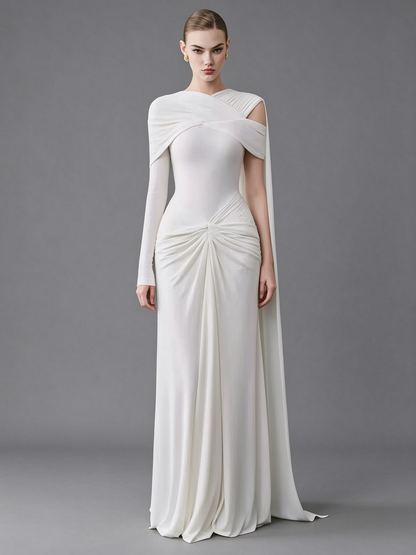 Asymmetrical Draped Cape Column Gown - Pristine White