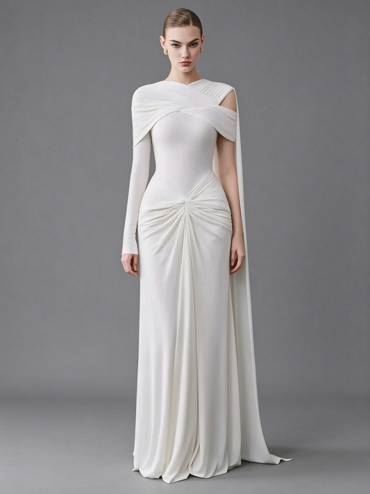 Asymmetrical Draped Cape Column Gown - Pristine White