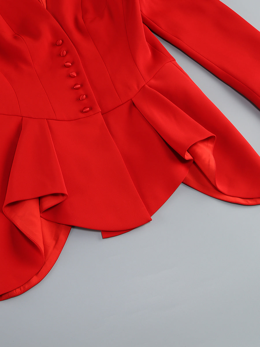Crimson Red Peplum Jacket and Pencil Skirt Ensemble