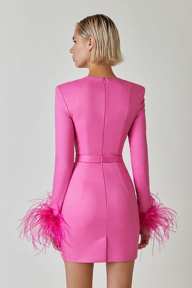 Hot Pink Glamour Feather Cuff Corset Mini Dress