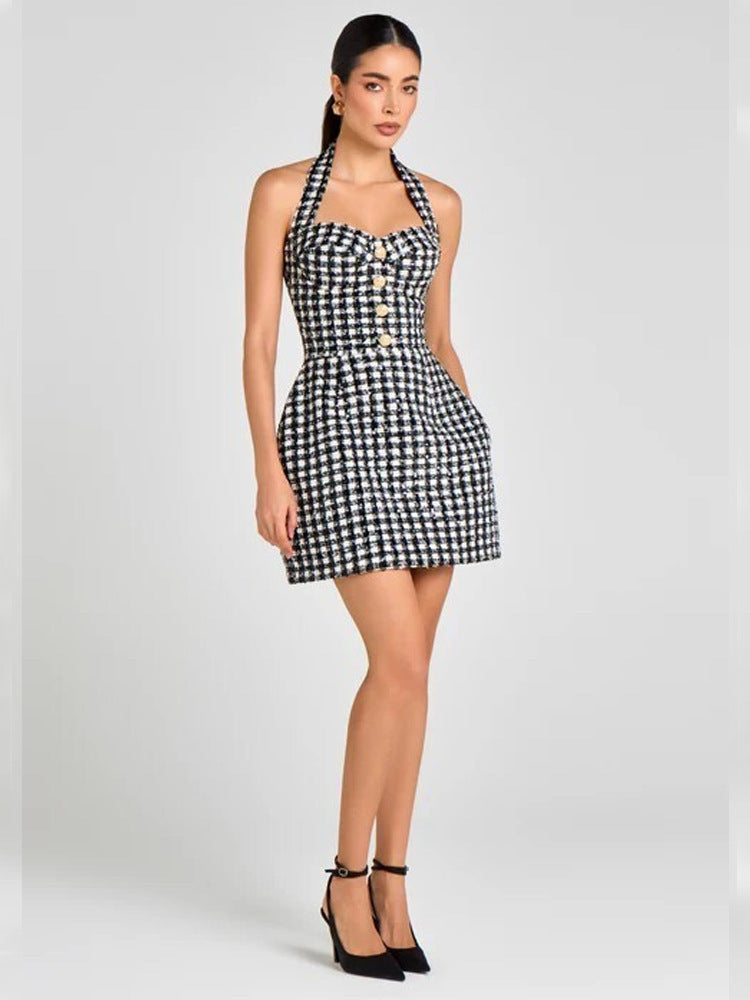 Black and White Houndstooth Tweed Halter Mini Dress