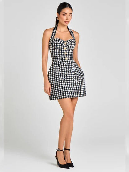 Black and White Houndstooth Tweed Halter Mini Dress