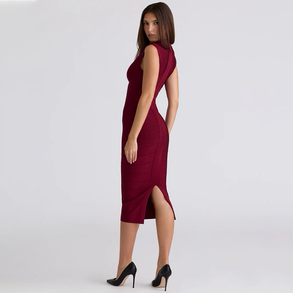 Sophisticated Cut-Out Midi Bandage Dress in Burgundy