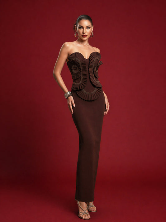 Chocolate Brown Sculptural Strapless Evening Gown