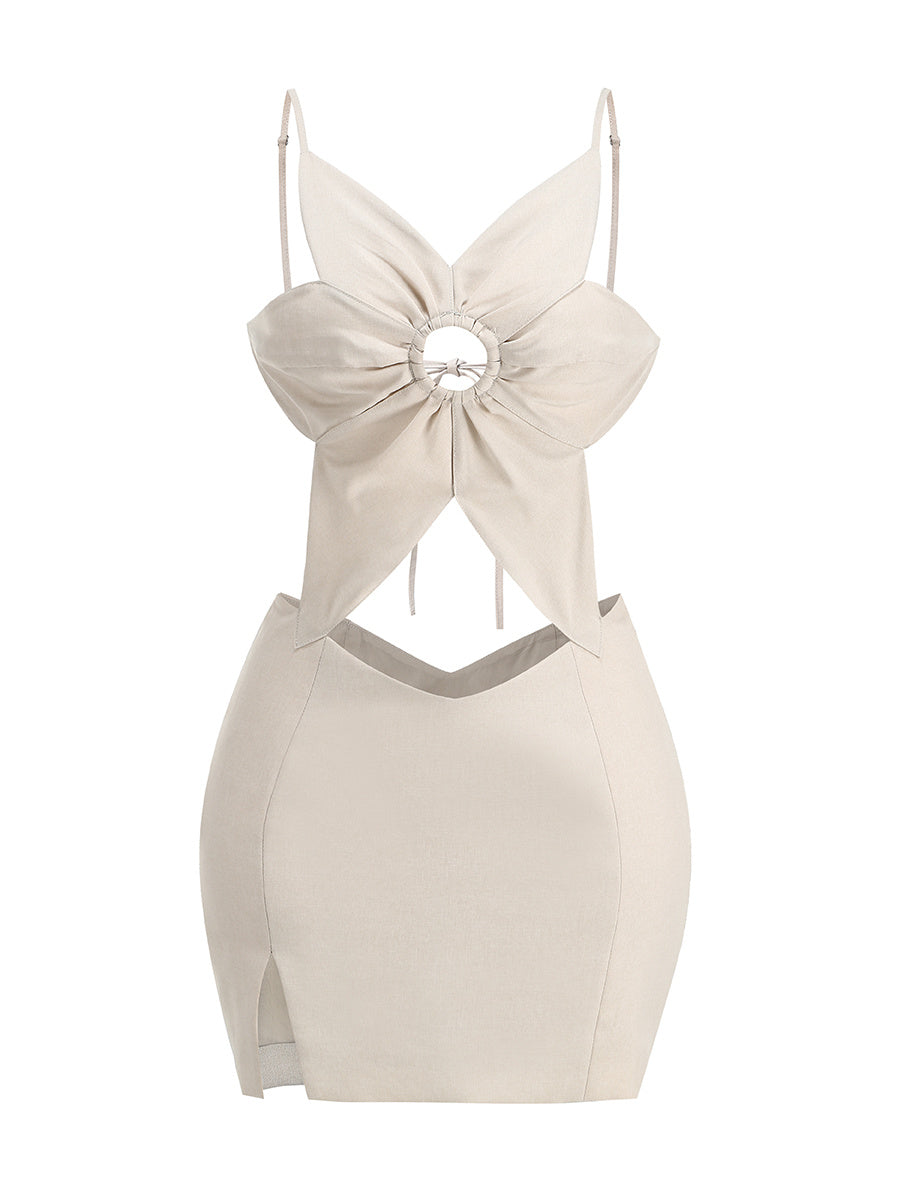 Oatmeal Cutout Mini Dress with Statement Floral Bust