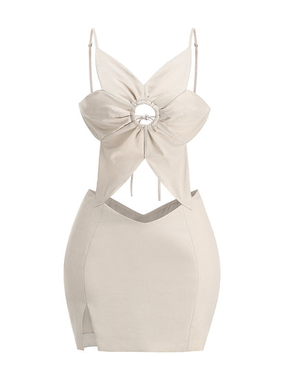 Oatmeal Cutout Mini Dress with Statement Floral Bust