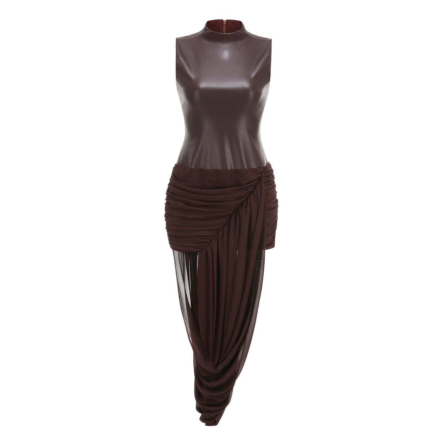 Avant-Garde Faux Leather Mock-Neck Bodysuit with Draped Asymmetrical Skirt