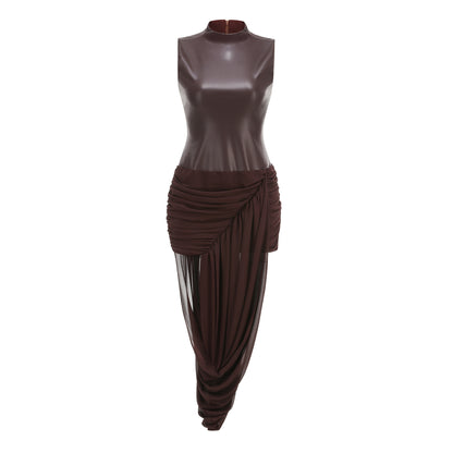 Avant-Garde Faux Leather Mock-Neck Bodysuit with Draped Asymmetrical Skirt