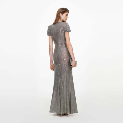 Metallic Sequin Ruched V-Neck Gown - Liquid Silver