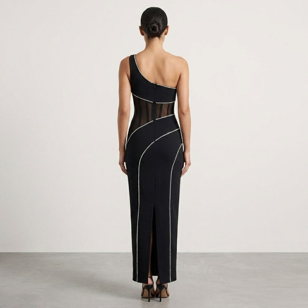 Crystal-Trimmed One-Shoulder Midi Dress with Mesh Cutouts