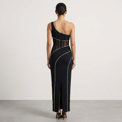 Crystal-Trimmed One-Shoulder Midi Dress with Mesh Cutouts