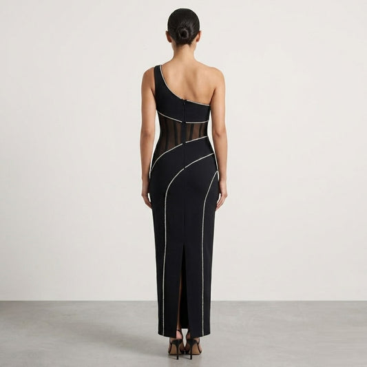 Crystal-Trimmed One-Shoulder Midi Dress with Mesh Cutouts