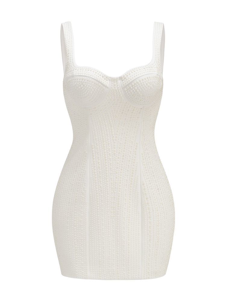 Ivory Pearl-Embellished Structured Mini Dress
