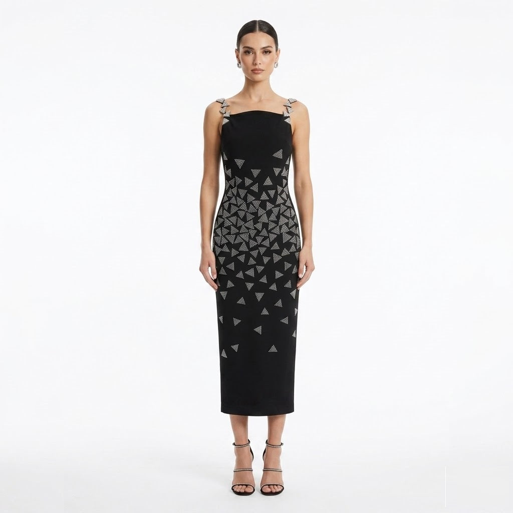 Geometric Crystal Embellished Midi Dress - Black