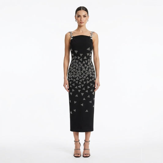 Geometric Crystal Embellished Midi Dress - Black