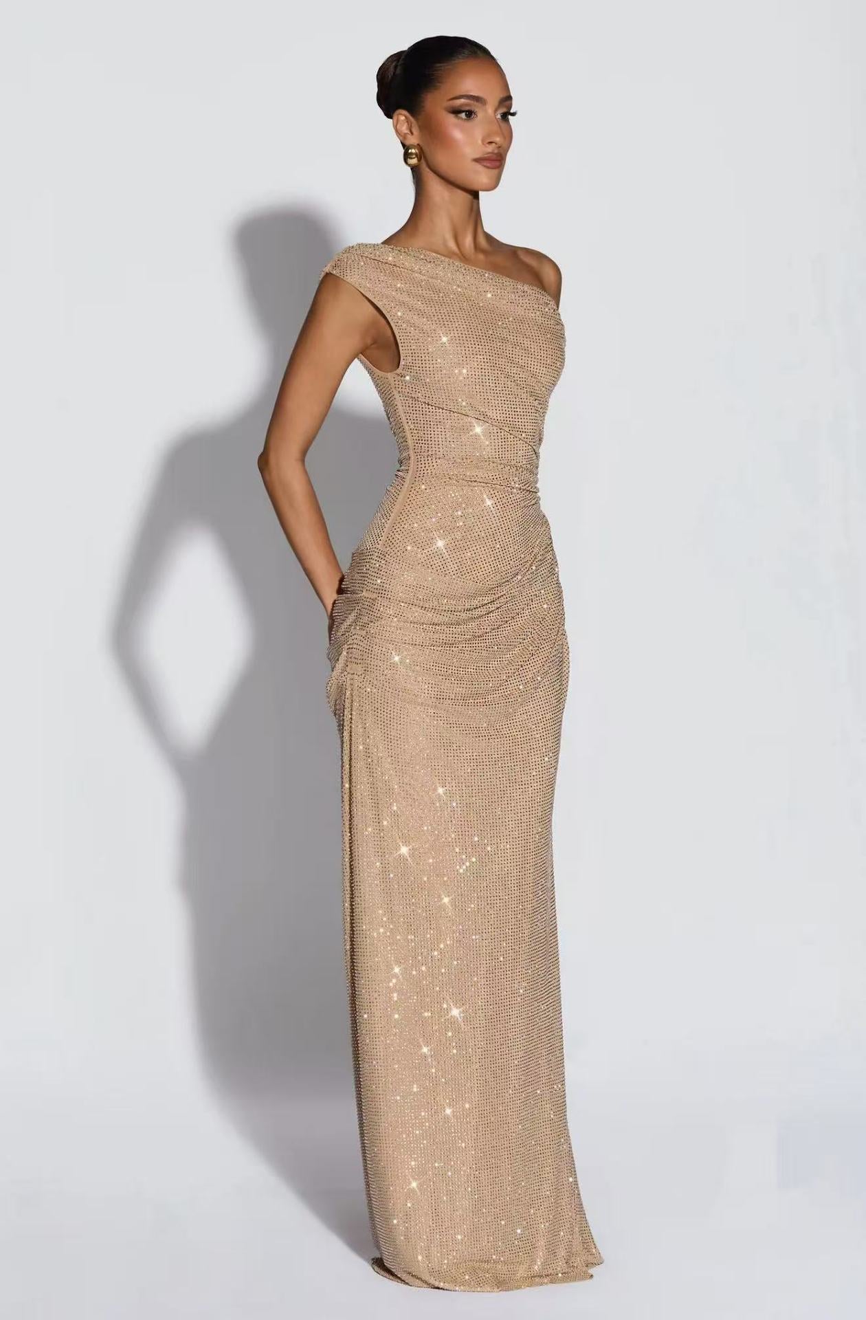 Champagne Crystal Mesh Asymmetrical Evening Gown