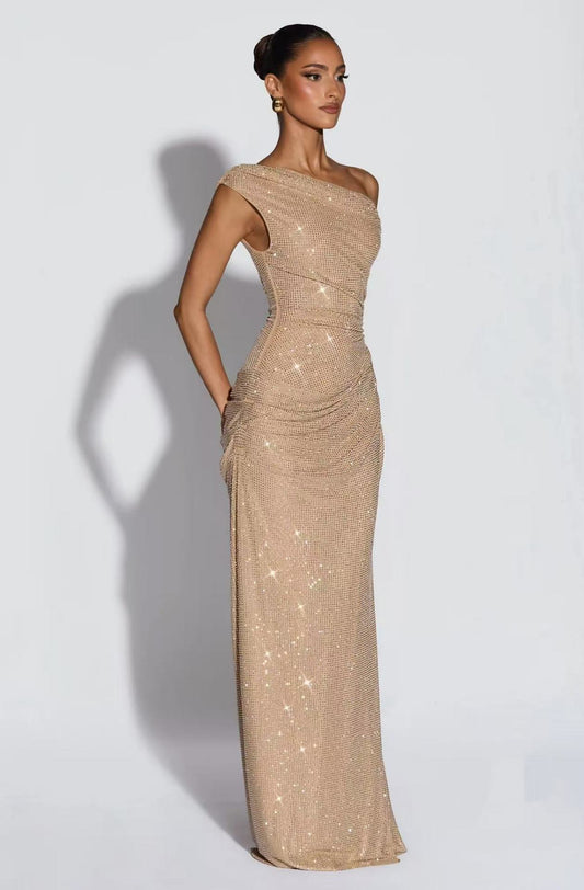 Champagne Crystal Mesh Asymmetrical Evening Gown