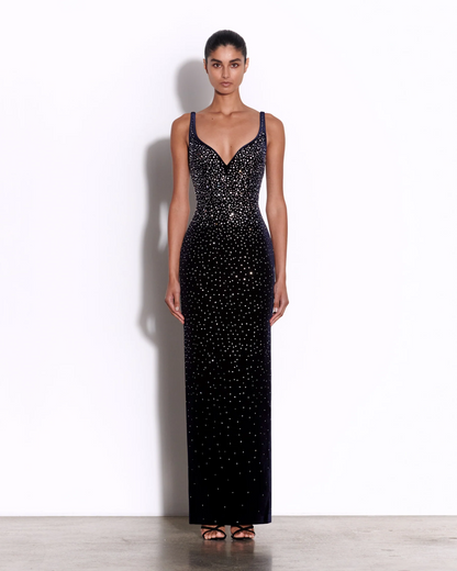 Midnight Stardust Crystal Embellished Velvet Gown