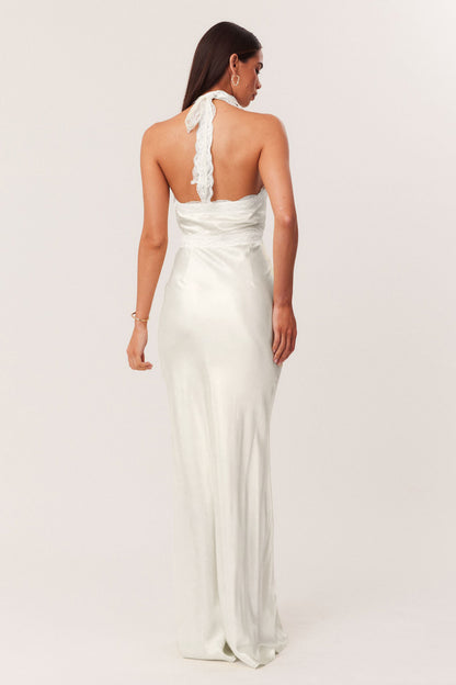 Lace-Trimmed Satin Halter Slip Gown - Ivory